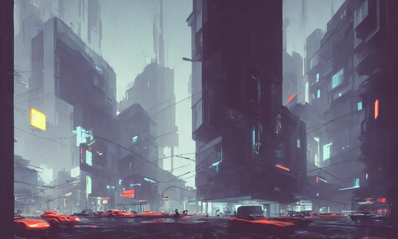 Prompt: streetscape, simple brutalist architecture, white neon lighting, neon signs, flying vehicles, pedestrians, greg rutkowski, syd mead, ralph mcquarrie, concept art, matte painting, finely detailed, minimal artifacts, rule of thirds, dynamic lighting, cinematic, detailed, denoised, centered