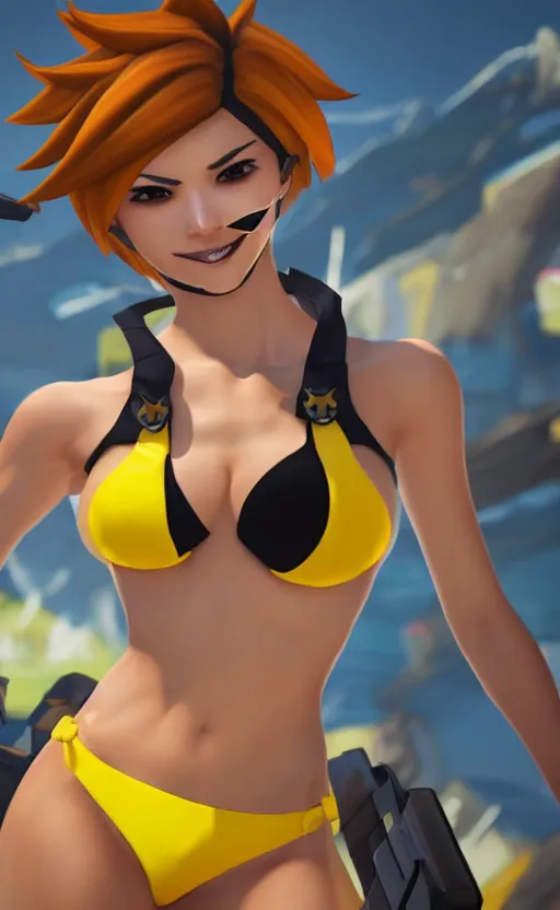 Image similar to tracer game character, in yellow bikini, blonde hair, black eyes, full height