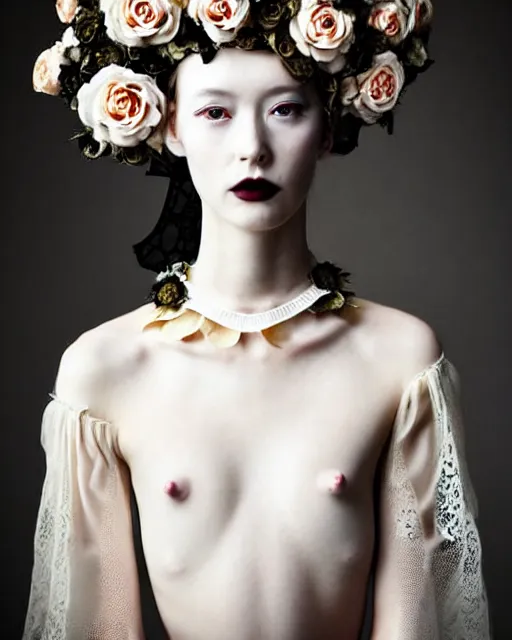 Image similar to dreamy surreal poetic photo of a beautiful young porcelain female-cyborg-vegetal with a very long neck and a super big gothic lace collar filled with dead flies and a very high big floral crown with many black dry roses by Vivienne Westwood:: smoke, high fashion, haute couture, rococo, avant-garde, elegant, dreamy, hyper realistic, 150 mm lens, soft rim light, octane render, unreal engine, picture was taken in 1910 by Dora Maar, volumetric lighting, dramatic light,8k,