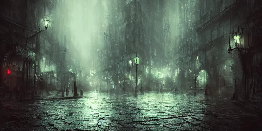 Image similar to A hauntingly beautiful city in a dark cavern, rainy and gloomy atmosphere, fantasy digital art, octane render, beautiful composition, trending on artstation, award-winning photograph, masterpiece