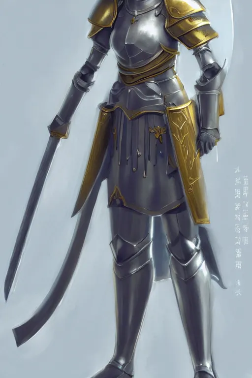 Image similar to anime key visual concept art of anime female knight standing in the doorway of a grand chapel, silver armor with gold trims, warscythe holstered on her back, trending on artstation, brush strokes, oil on canvas, style of kawacy and makoto shinkai and greg rutkowski and studio ghibli
