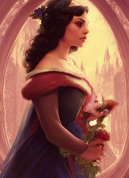 Image similar to beautiful young mila kunis as snow white princess disney, closeup, d & d, fantasy, intricate, elegant, highly detailed, digital painting, artstation, concept art, matte, sharp focus, illustration, art by artgerm and greg rutkowski and alphonse mucha