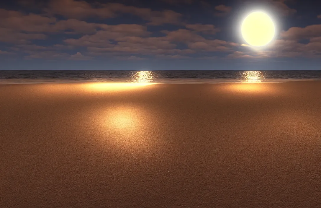 Prompt: on the beach by the sea, at night, unreal engine rendering, with light and shadow