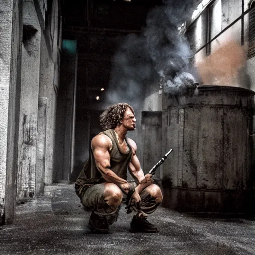 Prompt: full body, squatting soldier marine from the movie aliens taking a smoke break, relaxed in an industrial hallway, tank top and muscular, oily skin, cine still from the movie aliens, single source dramatic lighting, whispy smoke