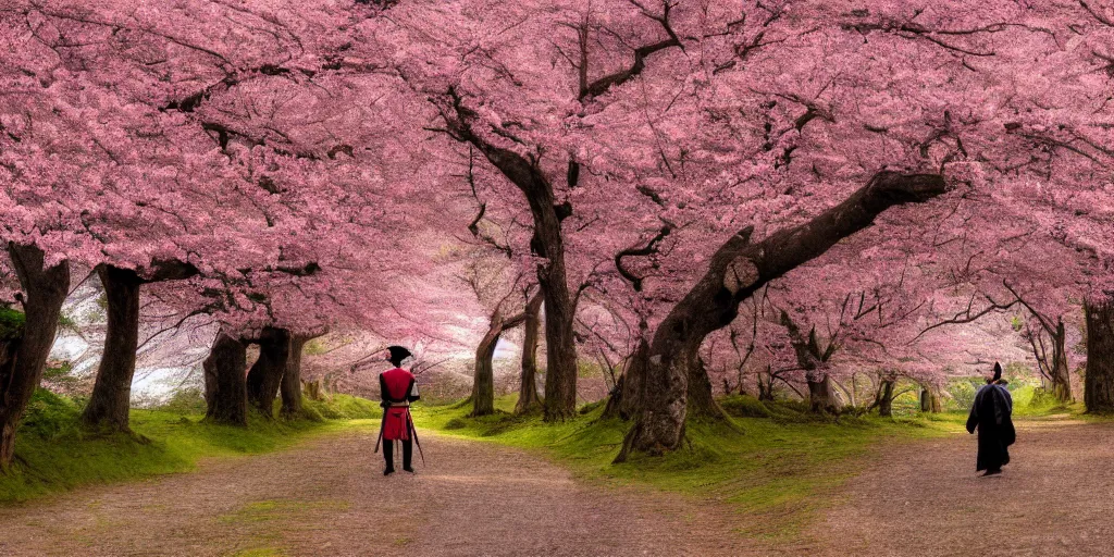 Image similar to a samurai standing on a ancient road with cherry blossom trees in the background, digital art, 4K