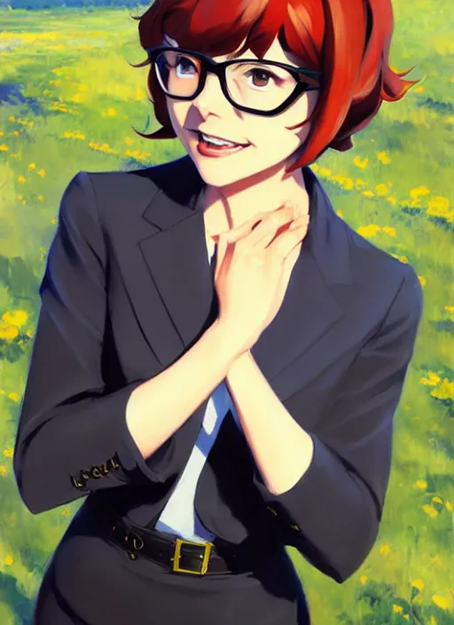 Image similar to Greg Manchess painting of Velma Dinkley in the style of Persona 5, anime style, winged eyelashes, countryside, calm, fantasy character portrait, dark outlines, dynamic pose, above view, sunny day, artwork by Makoto Shinkai, very coherent asymmetrical artwork, sharp edges, perfect face, simple form, 100mm