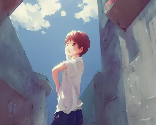 Image similar to teen looking at blue sky, wearing white shirt, back turned, looking up, illustration, by pine ( ハイネ ) and 薯 子 imoko and 香 川 悠 作 and wlop and maya takamura, highly detailed, trending artstation, pixiv, digital art