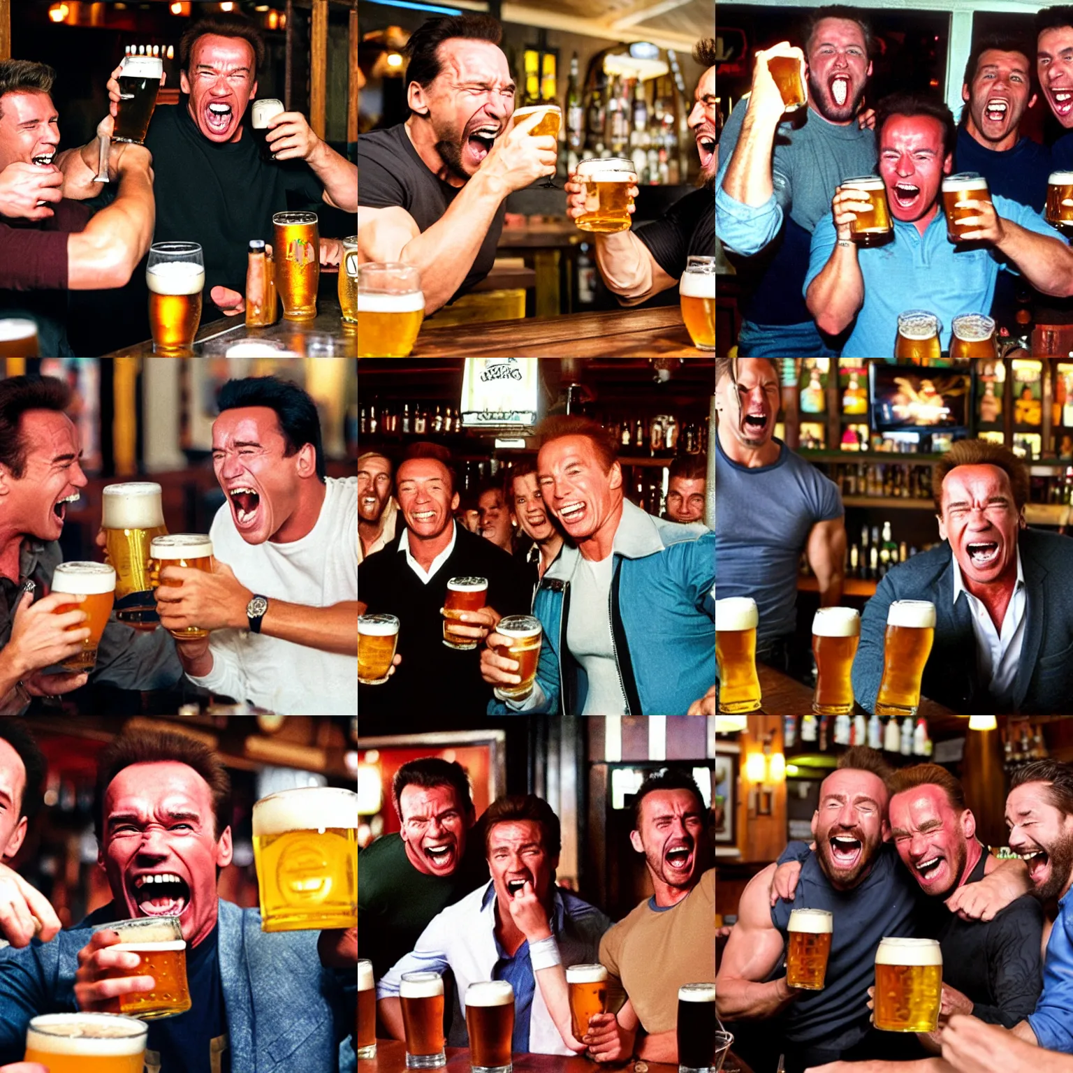 Prompt: guys having beers frantically laughing and screaming in a pub, with arnold schwarzenegger