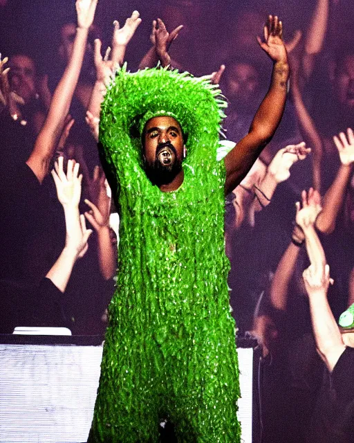 Prompt: kanye rapping on stage but he's covered in green slime