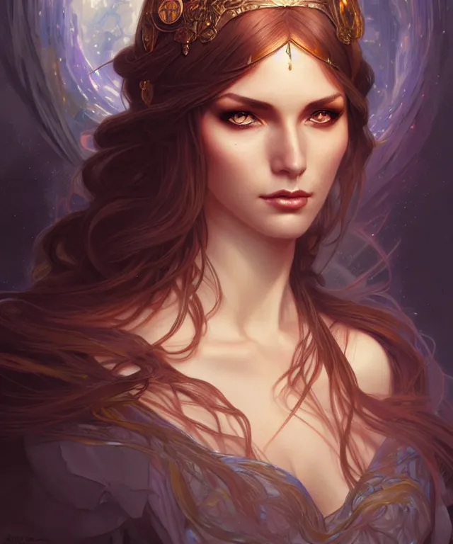 Prompt: A fantasy magic woman portrait, sci-fi, amber eyes, face, long hair, fantasy, intricate, elegant, highly detailed, digital painting, artstation, concept art, smooth, sharp focus, illustration, art by artgerm and greg rutkowski and alphonse mucha