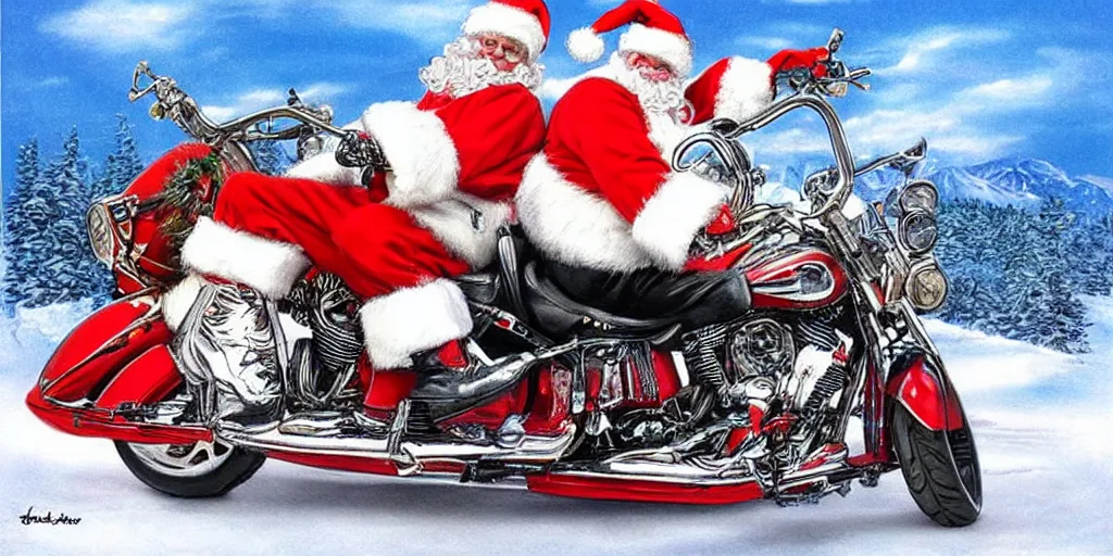 Image similar to santa riding a harley at the north pole, airbrush art