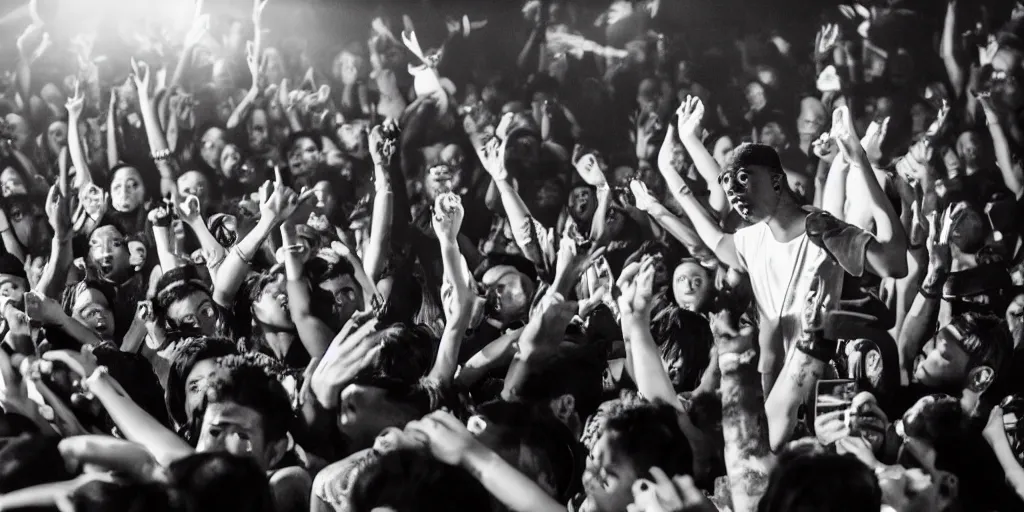 Prompt: A grime rapper performs to a small crowd in a Filipino nightclub, 35m film