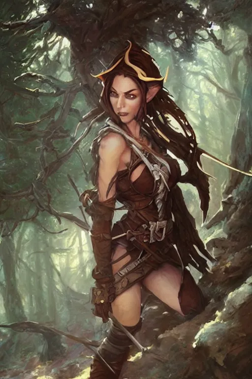 Prompt: beautiful oil painting of a half-elf woman rogue from dungeons and dragons in the forest by artgerm and greg rutkowski and thomas kinkade