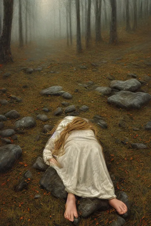 Prompt: peasant girl sleeping on a stone in a foggy forest, high-key lightning, realistic, aesthetic, sad atmosphere, neutral colors, detailed illustration, oil on canvas by Steve Hanks