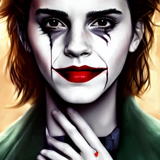 Image similar to emma watson as the joker, realistic, intricate, elegant, art by artgerm and wlop