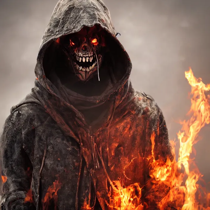 Image similar to gritty apocalyptic hooded man smiling with burning heart in chest, octane render, 4 k ultra hd, hyper - detailed, seedy lighting, sharp focus, fantasy dark art