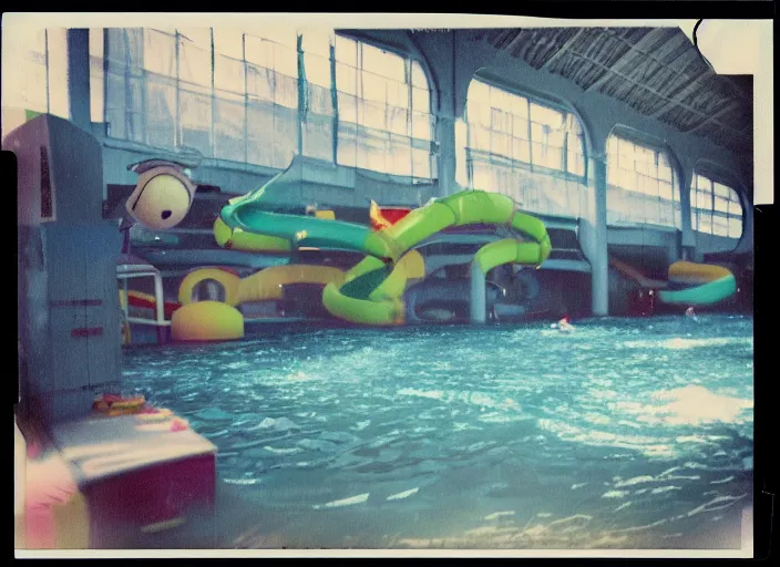 Image similar to polaroid photo of an abandoned colorful indoor water park with strange creatures lurking