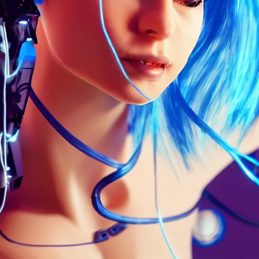 Image similar to a beautiful woman with blue hair wearing robot suit with wires and light, highly detailed, photorealistic, artstation, smooth