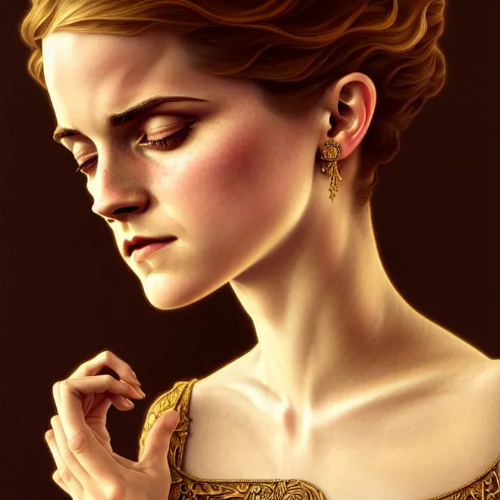 Image similar to ancient queen emma watson, diffuse lighting, fantasy, intricate, elegant, symetrical, highly detailed, lifelike, photorealistic, digital painting, artstation, illustration, concept art, smooth, sharp focus, art by john collier and albert aublet and krenz cushart and artem demura and alphonse mucha