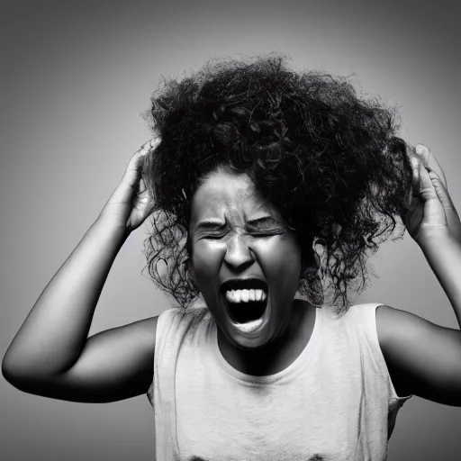 Prompt: person screaming covering their ears black and white static background