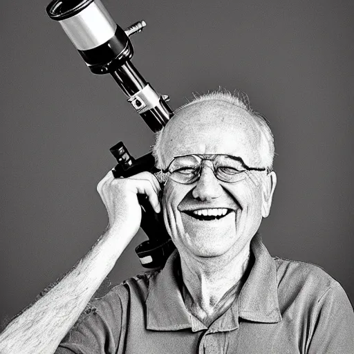 Prompt: a smiling old man seen through a telescope