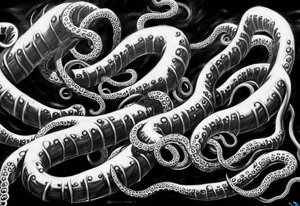 Image similar to underwater tentacle painting spiraling inward by Greg Manchess, Art Directed by Jeremy Jarvis; Deep sea horror; gallery painting; teeth and eyes; black ink; fine line work; epic pencil sketch trending on artstation; Charcoal Tattoo; concept art; epic cinema post landscape illustration