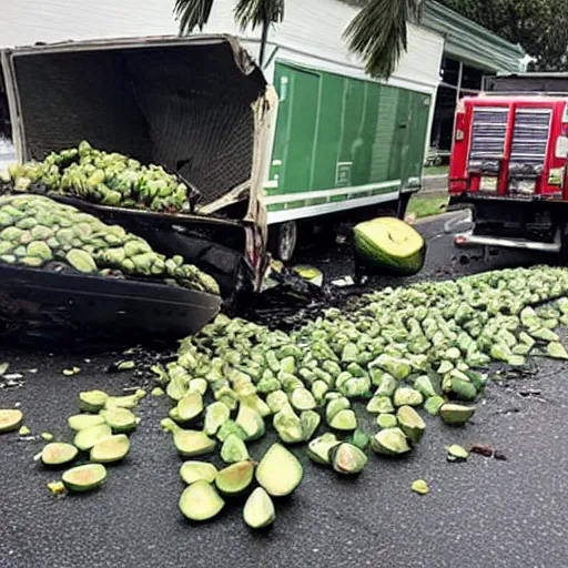 Image similar to photo of an avocado truck accident that overturned and spilled tons of avocados on the road, people walking around and picking up avocados from the road