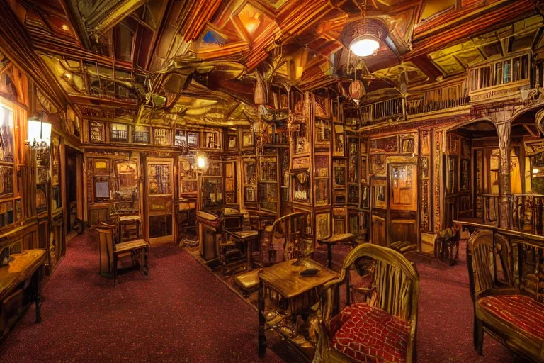 Prompt: full - color photo of the interior of the spooky winchester mystery house at night. the interior architecture and layout are illogical, surreal, bizarre, complicated, and labyrinthine. there is a faintly - visible victorian ghost lurking.