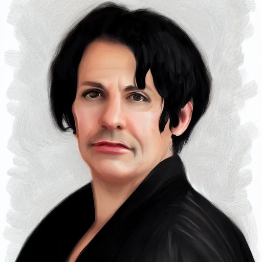 Prompt: a digital portrait of a 51 year old with black hair,hazel green eyes, drawn in the style of mark Arian