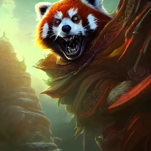 Image similar to red panda as lich king character, world of warcraft, digital illustration portrait design, by android jones and greg rutkowski, retrowave color scheme, detailed, cinematic lighting, wide angle action dynamic portrait