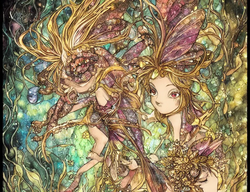 Image similar to faerie chameleon in a crystal cave. this watercolor and gold leaf work by the award - winning mangaka has a beautiful composition and intricate details.