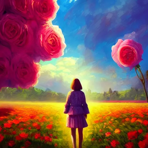 Image similar to giant rose as a head, girl walking in a flower field, surreal photography, sunrise dramatic light, impressionist painting, colorful clouds, digital painting, artstation, simon stalenhag