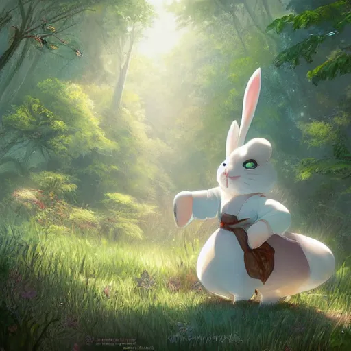 Image similar to concept art painting of a chubby white rabbit wearing a turquoise dress, in the deep forest, realistic, detailed, cel shaded, in the style of makoto shinkai and greg rutkowski and james gurney