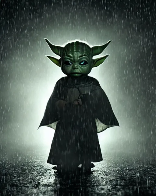 Image similar to epic closeup cinematic still of baby yoda as batman wearing batman costume with batcape as batman in atmospheric rainy alleyway in the style of batman the dark knight rises, 8 k backlit, rim lighting, dramatic moonlight lighting, beautiful composition