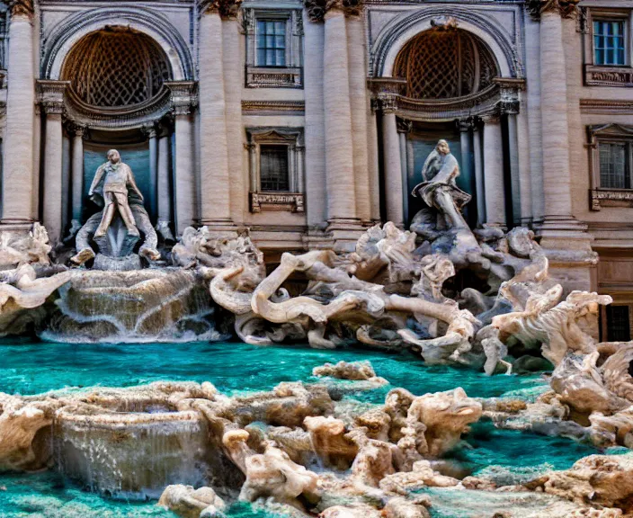 Prompt: 4 k hd, high detail photograph of fountain trevi, shot with sigma f / 4. 2, 2 5 0 mm sharp lens, wide shot, volumetric lighting, high level texture render, unreal engine