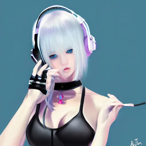 Image similar to realistic teasing detailed semirealism beautiful gorgeous cute Blackpink Lalisa Manoban white hair white cat ears blue eyes, wearing black camisole outfit, headphones, black leather choker full HD 4K high resolution quality WLOP, Aztodio, Taejune Kim, Guweiz, Pixiv, Instagram, Artstation