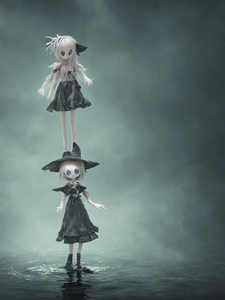 Image similar to cute fumo plush girl witch standing in reflective murky river water, otherworldly gothic horror maiden in tattered cloth, hazy heavy swirling murky volumetric fog and smoke, moonglow, lens flare, vray