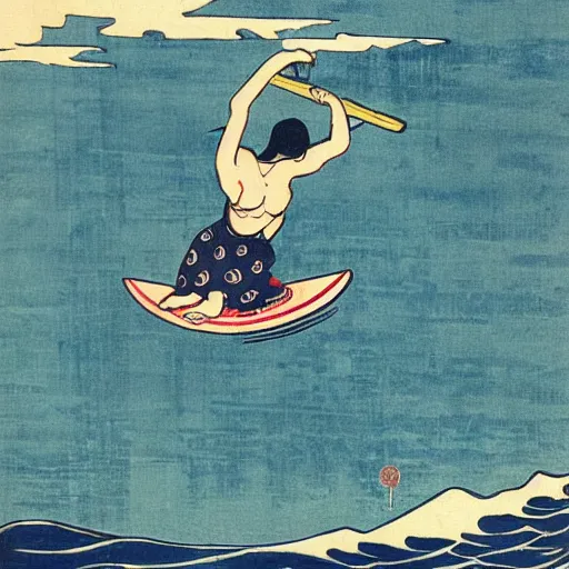 Image similar to girl surfing, woodblock print, style of hokusai, fine art, style of kanagawa, painting