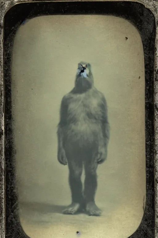 Image similar to a tintype photograph of bigfoot