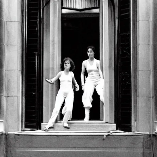 Image similar to detailed still of Ripley-Sigourney Weaver wearing a white singlet and cat Jonesy moving apartment New York City 1983, gothic building entrance way Art Deco, cinematic feel, high octane