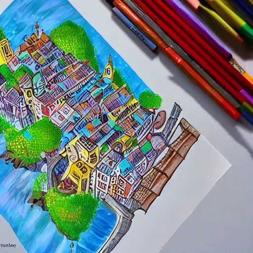 Image similar to A little city located entirely on a sheet of paper. Trending on art station, colorful, magical.