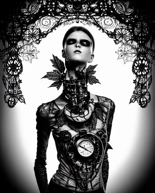 Image similar to surreal dark poetic black and white photo portrait of complex bio-mechanical beautiful young silver female vegetal-cyborg with a Mandelbrot fractal steampunk metal fine lace face, a very long neck and a fine metal floral foliage super big lace collar by Vivienne Westwood:: smoke, high fashion, haute couture, rococo, steampunk, avant-garde, silver filigree details, anatomical, facial muscles, cable wires, microchip, elegant, dreamy, foggy atmosphere, hyper realistic, 150 mm lens, soft rim light, octane render, unreal engine, picture was taken in 1910 by Man Ray, volumetric lighting, dramatic light,8k,