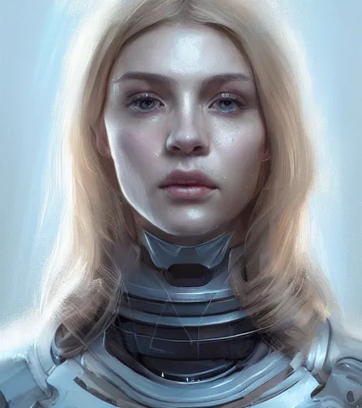 Image similar to portrait of 🍑 from the tomorrow people by greg rutkowski, she is about 3 0 years old, slavic, pretty, blond hair with two strans around her face, she is wearing a futuristic space gear, highly detailed portrait, digital painting, artstation, concept art, smooth, sharp foccus ilustration, artstation hq.