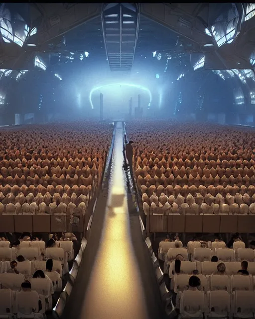 Image similar to scifi movie scene digital matte painting of a crowd in a futuristic church by craig mullins and ghibli, strong contrast, priest, pews, ethereal, inviting, bright, raking light, unreal engine 5, hyper realism, realistic shading, cinematic composition, blender render, octane render, hdr, detailed textures, photorealistic, wide shot