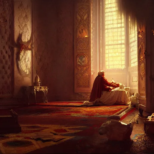 Image similar to the pope is in his bedroom, scared because a horned demon is attacking him. highly detailed painting by gaston bussiere, greg rutkowski, craig mullins 8 k
