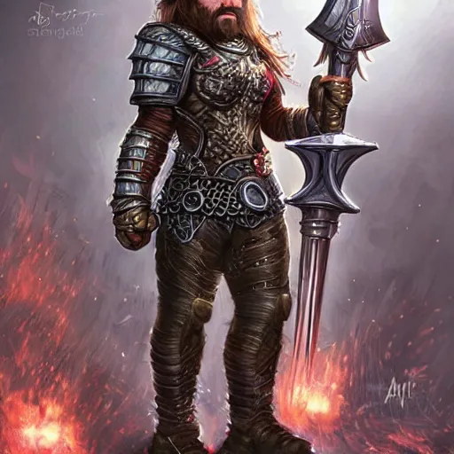 dwarf fighter wearing chainmail armor holding a large