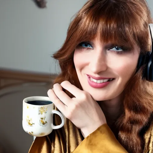 Prompt: a stunning hyper - detailed closeup portrait photo of a slender beautiful smiling woman with long brown hair and bangs, wearing a luxurious silk robe, wearing headphones and posing with her large ginger tabby cat and her raccoon and parrots in an easy chair in her sunlit victorian living room, holding a porcelain coffee mug and a donut, perfect eyes, fashion photo, octane render, unreal engine