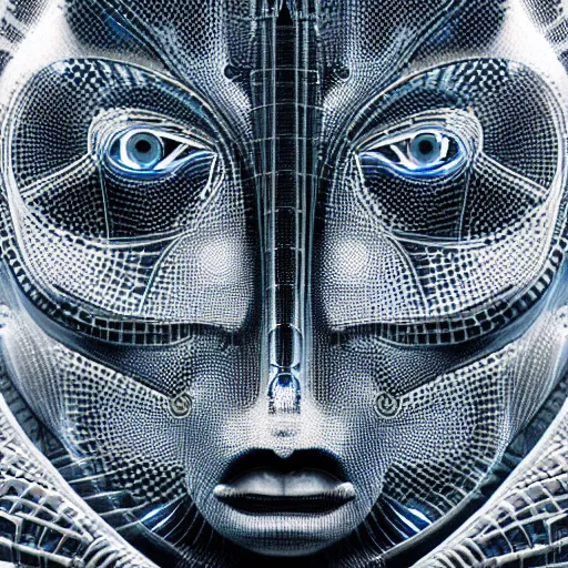 Image similar to an insanely detailed cibernetic artwork of a futuristic artificial intelligence superstar, extremely detailed water texture, centered image, perfectly symmetrical alien face, with frames made of detailed fractals, octane render, 4k, insanely detailed, detailed grid as background, photorealistic digital art, cgi