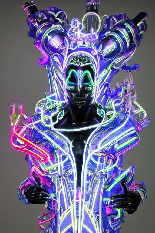 Image similar to full-body neon porcelain bladerunner style sculpture of a young handsome Colombian prince as a half android with a porcelain chest opening exposing circuitry and electric sparks, glowing laser beam eyes, crown of giant diamonds, flowing neon-colored silk, fabric, raptors. baroque elements. full-length view. baroque element. intricate artwork by caravaggio. Very very very very highly detailed epic photo of face. Trending on artstation, octane render, cinematic lighting from the right, hyper realism, octane render, 8k, depth of field, 3D