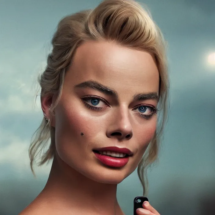 Image similar to margot robbie, holding iphone. very coherent symmetrical artwork. cinematic, high detail, octane render, 8 k, iridescent accents